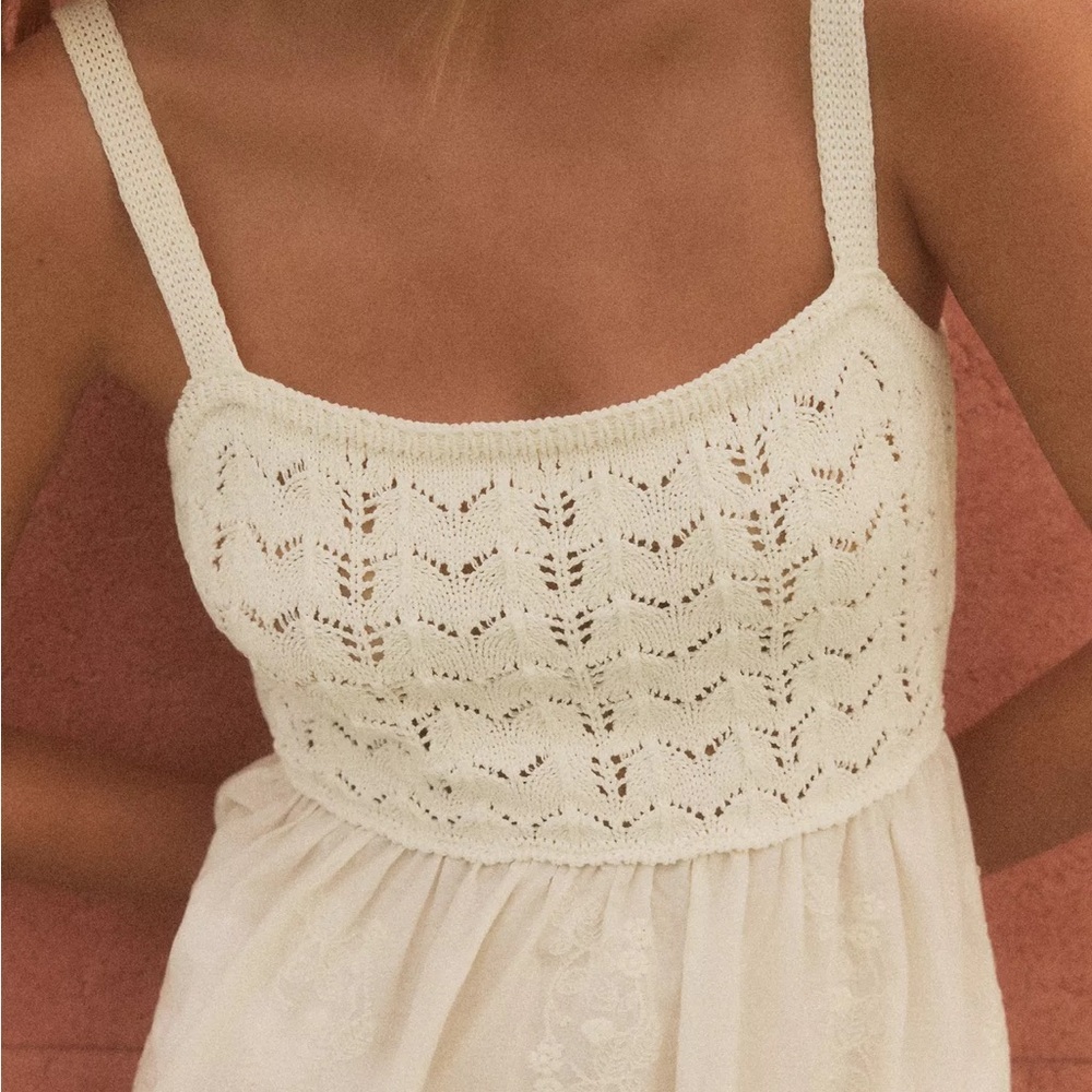 Zara Contrasting Embroidered Knit Dress Cotton Blend Tie Back NWT L Cottagecore - Picture 5 of 13
